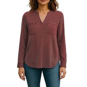 CAbi Small Red White Blue Stripe Long Sleeve Vneck Shirt Preppy